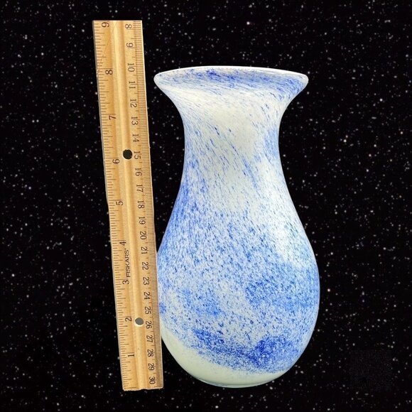 Art Glass Vase Splashed Multicolor Dots Blue White Cased 8”T 3.5”W - Picture 9 of 11